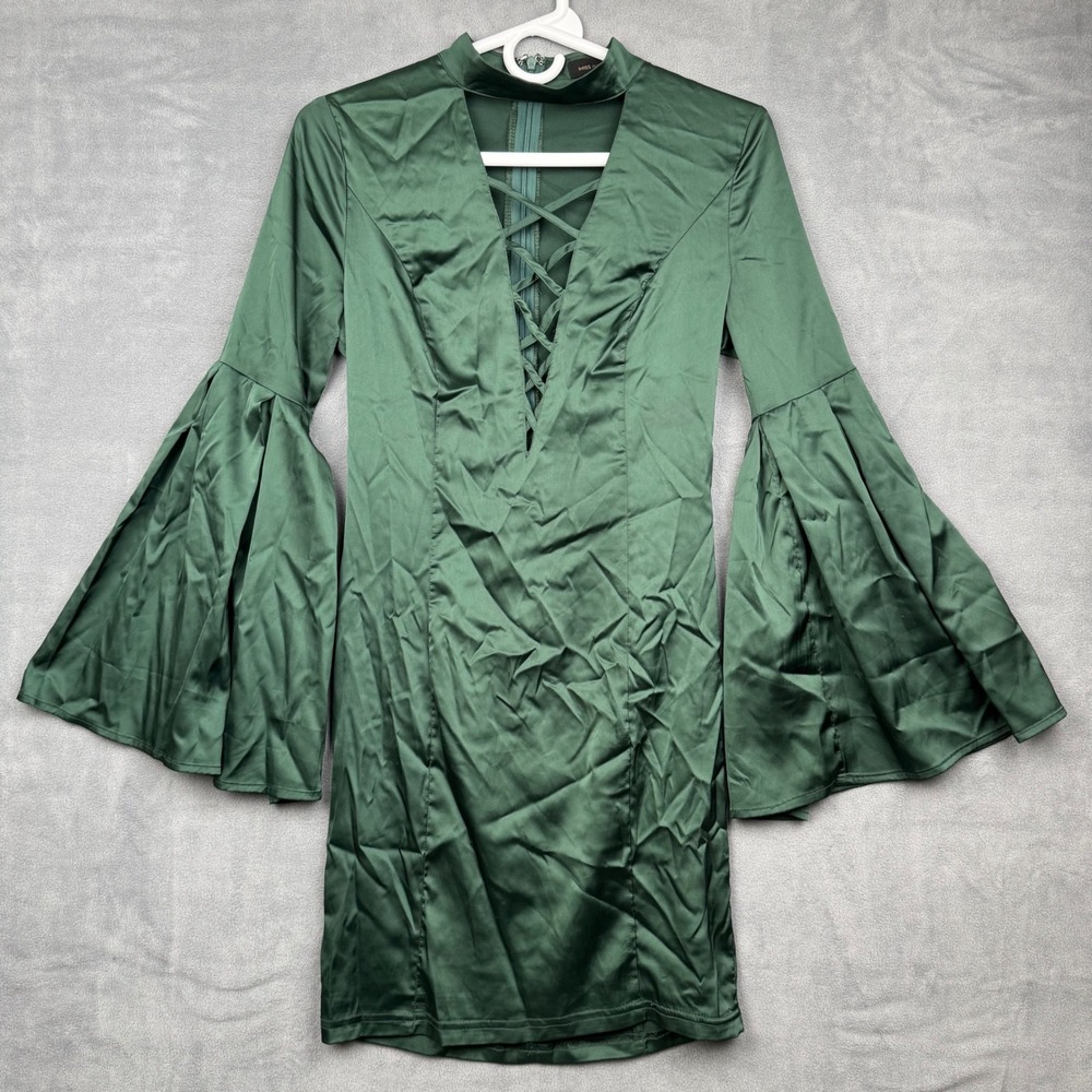 MISS AVENUE Green Satin Bell Sleeve Lace Up‎ Deep V Neck Mini Dress Size M
